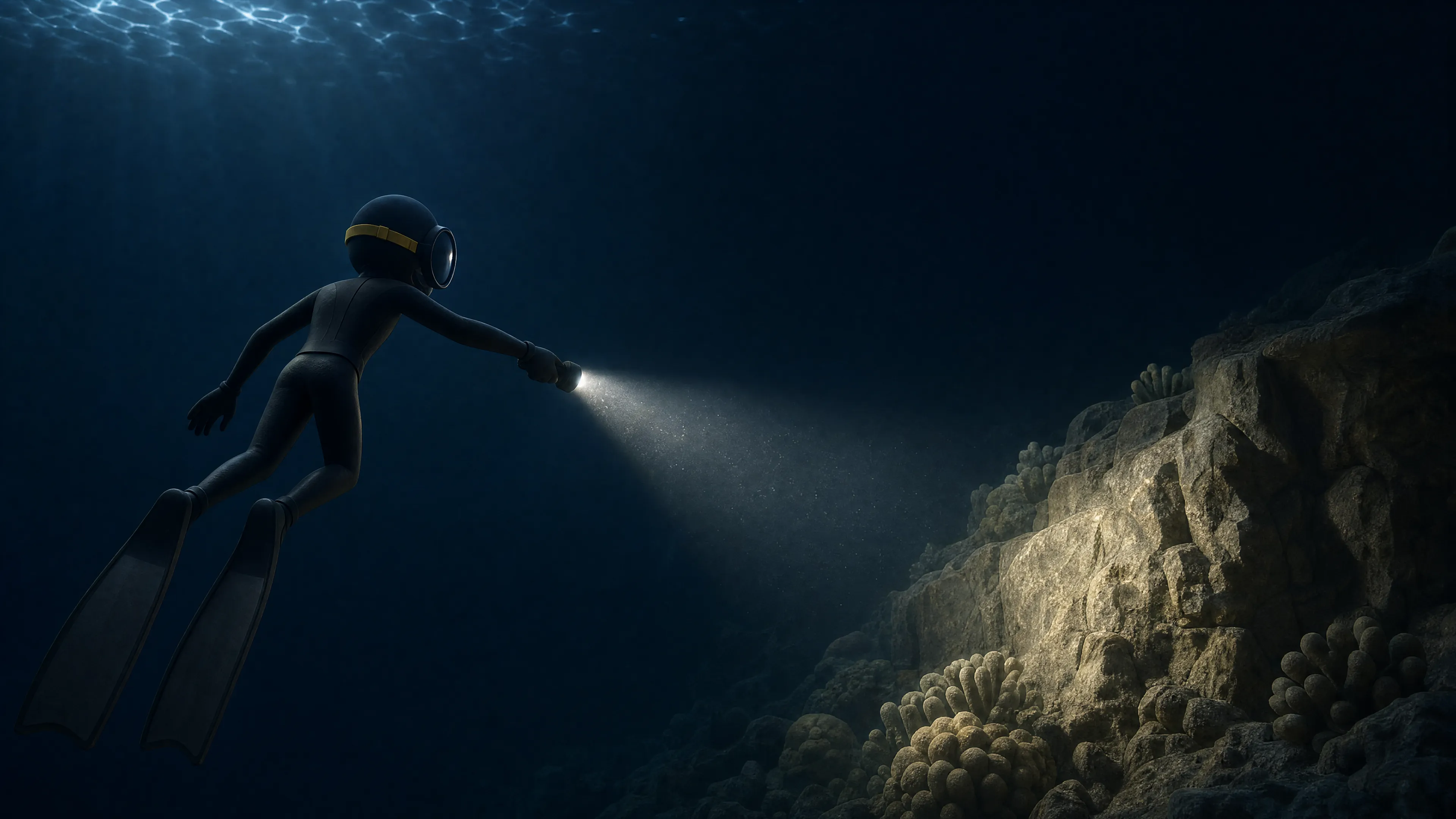 A freediver hovering mid-water with his torch on a bare rock face.