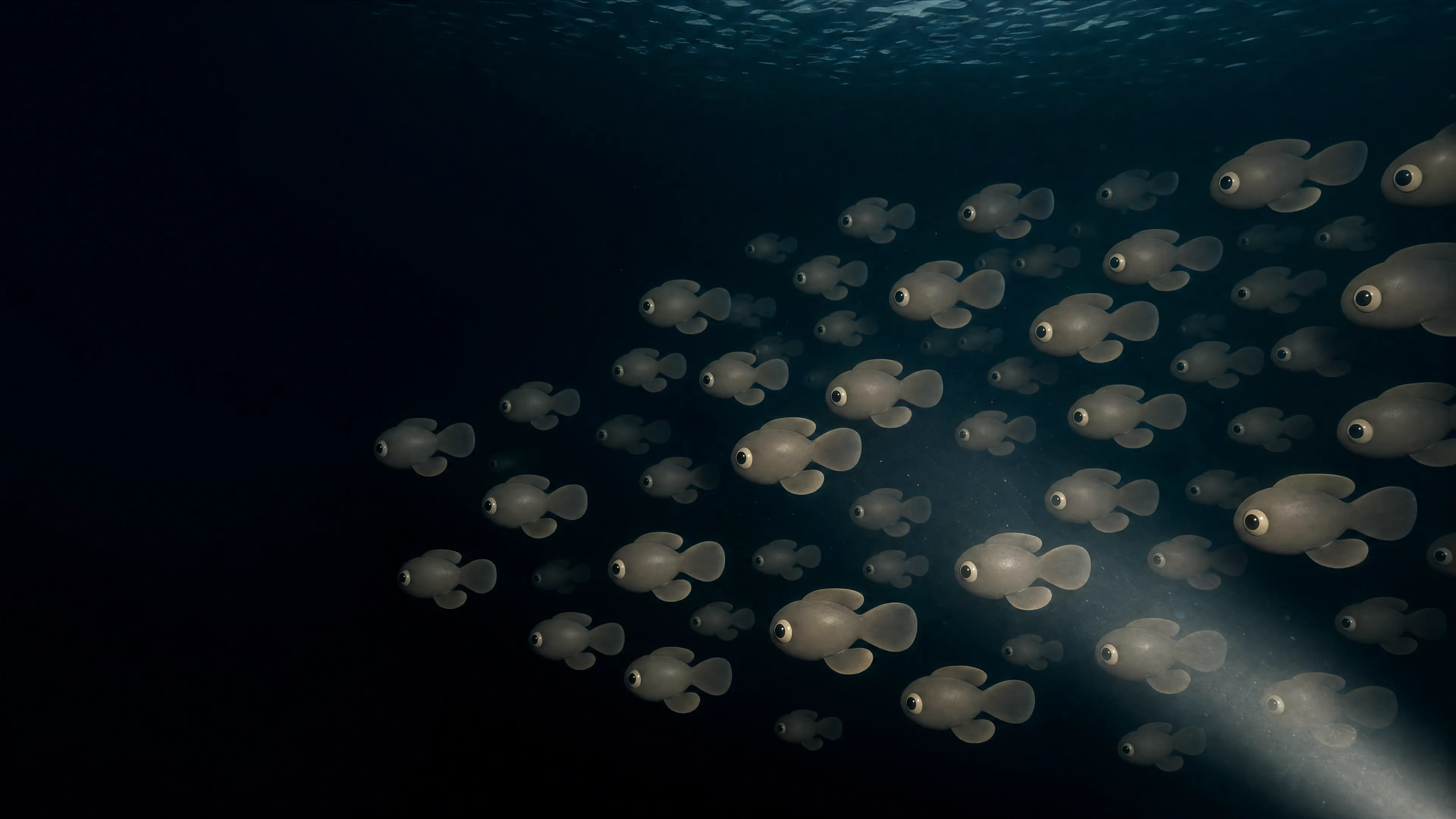 A dense shoal of small identical fish drifting past the camera.