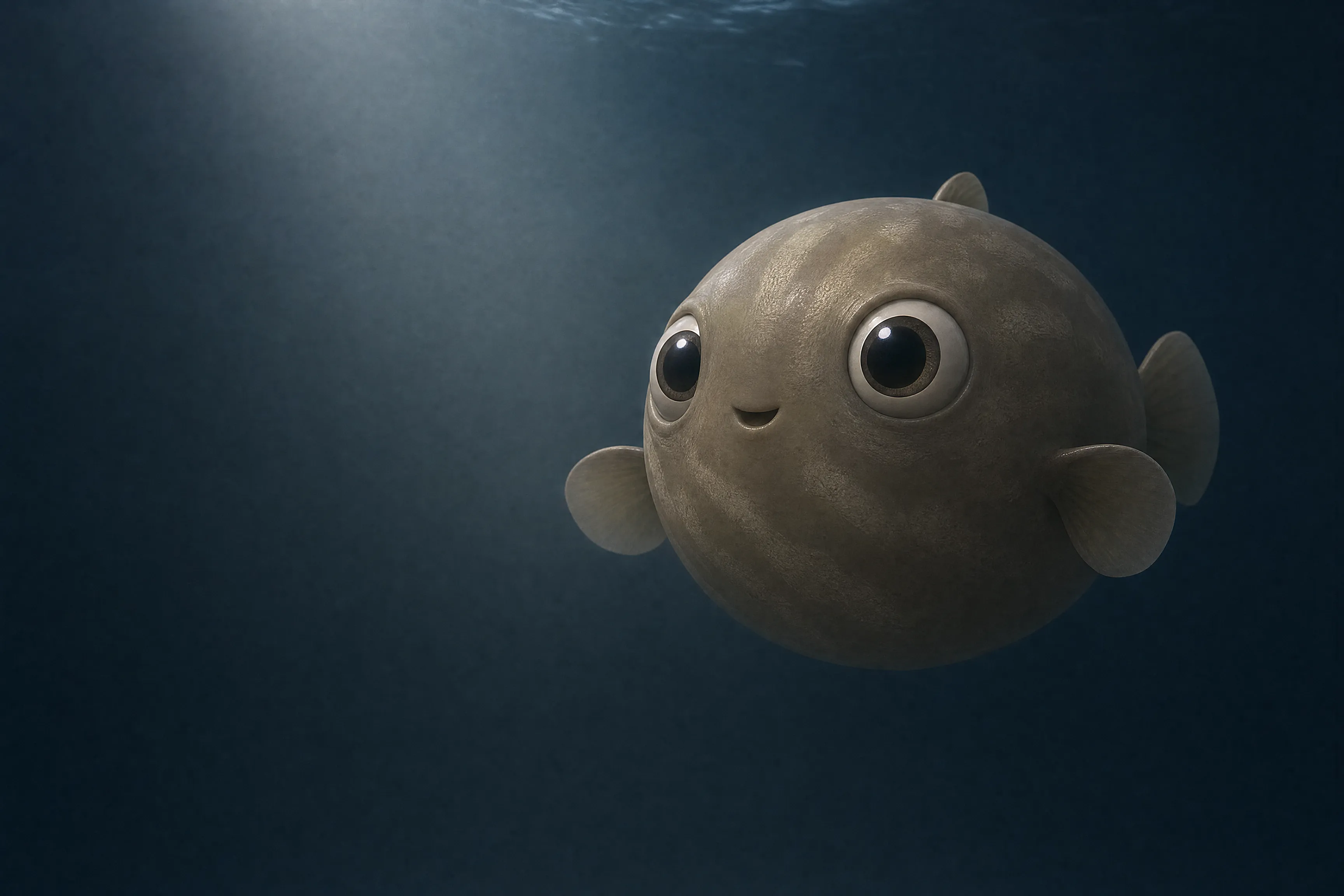 A pufferfish, plain and undecorated, hovering in dark water.