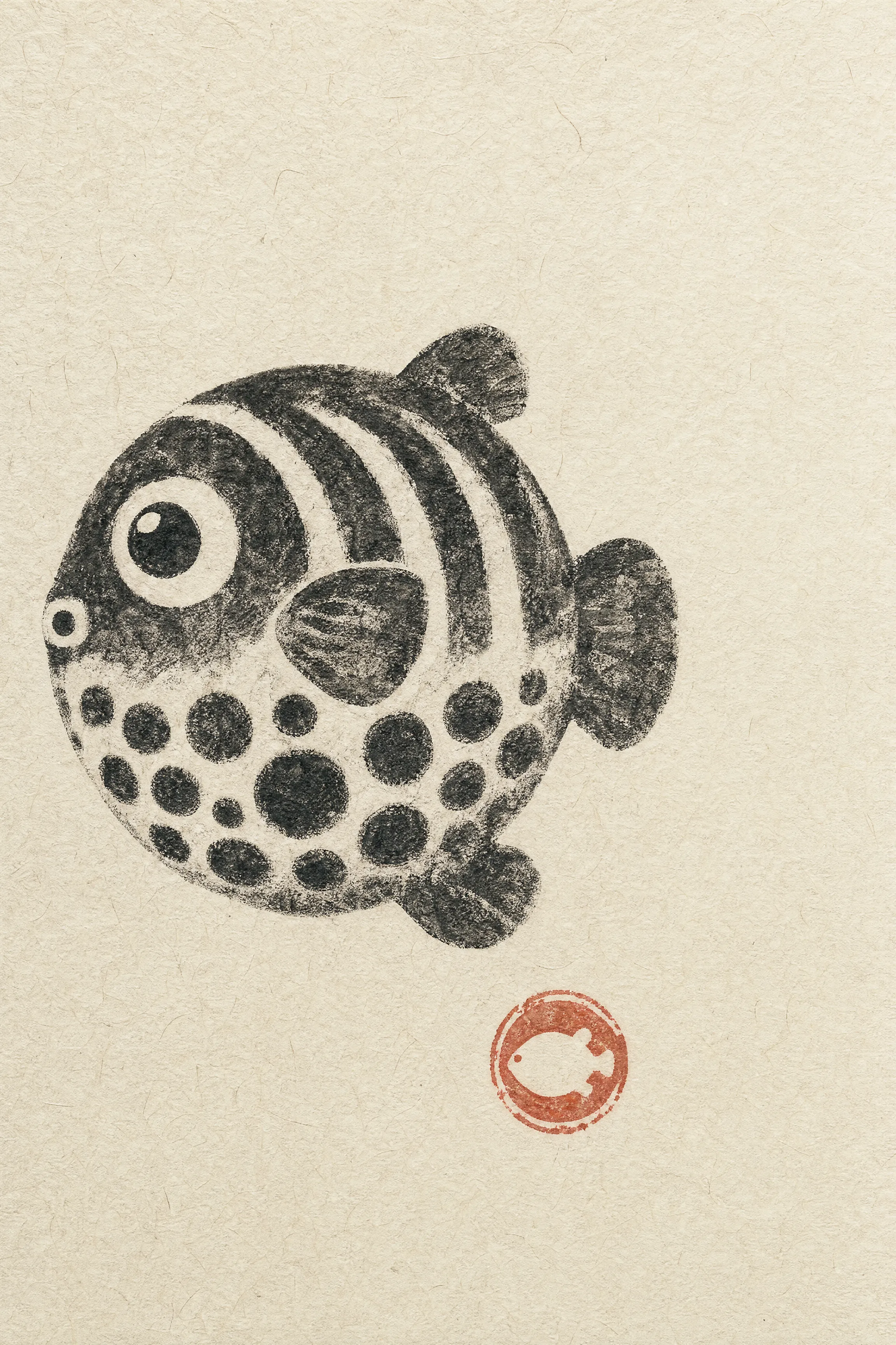 A gyotaku fish-rubbing print on washi paper, the fish's painted pattern carried in the ink density.