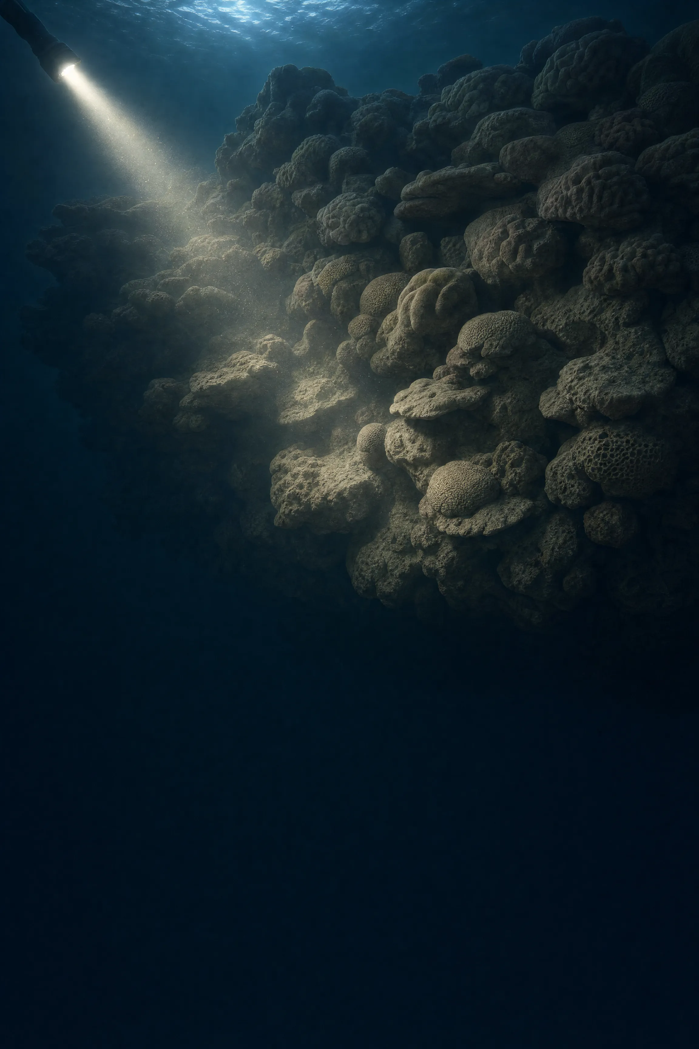 A reef wall at night with a diver’s torch cone raking across it.