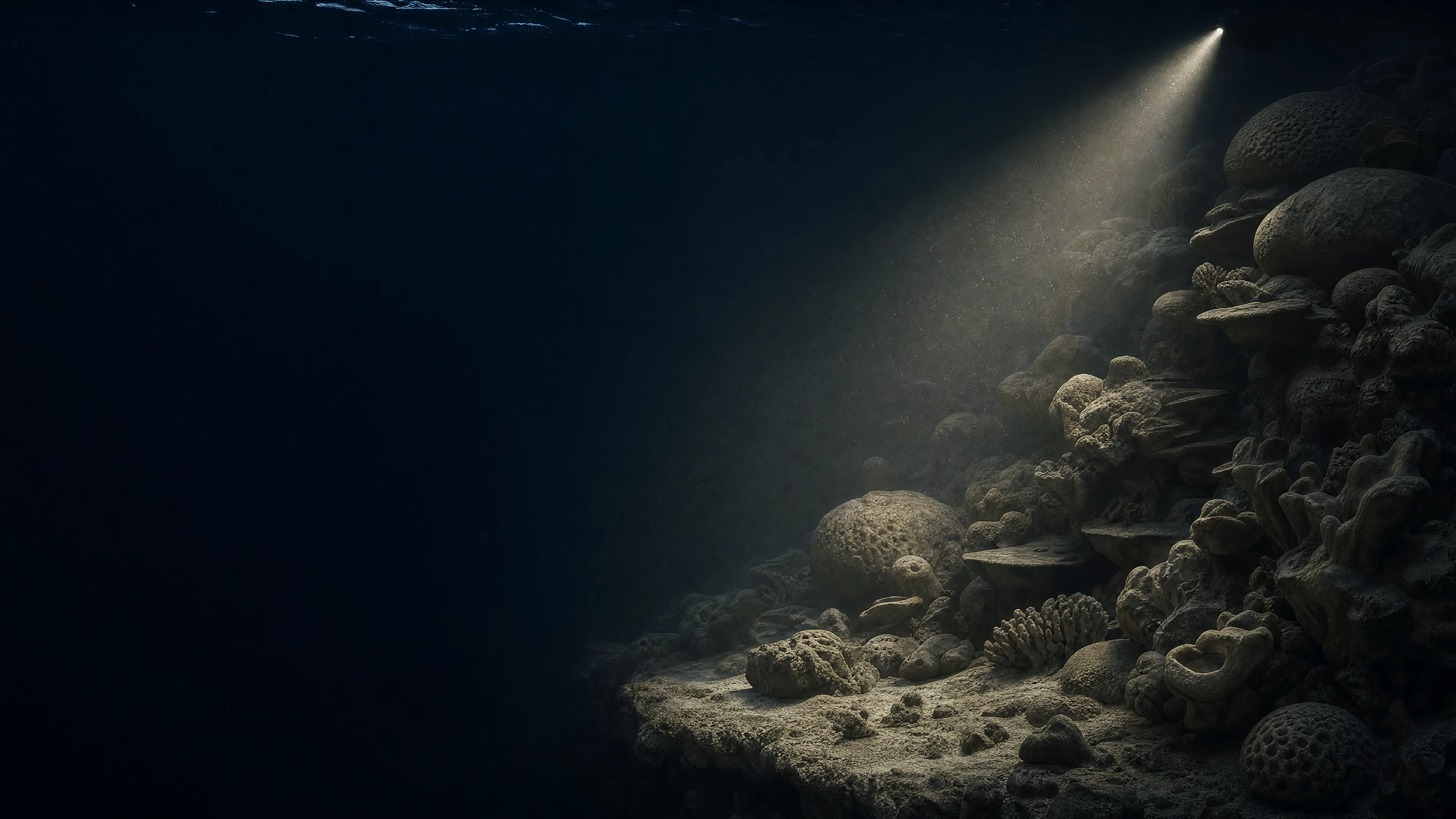 A reef wall at night with a diver’s torch cone raking across it.