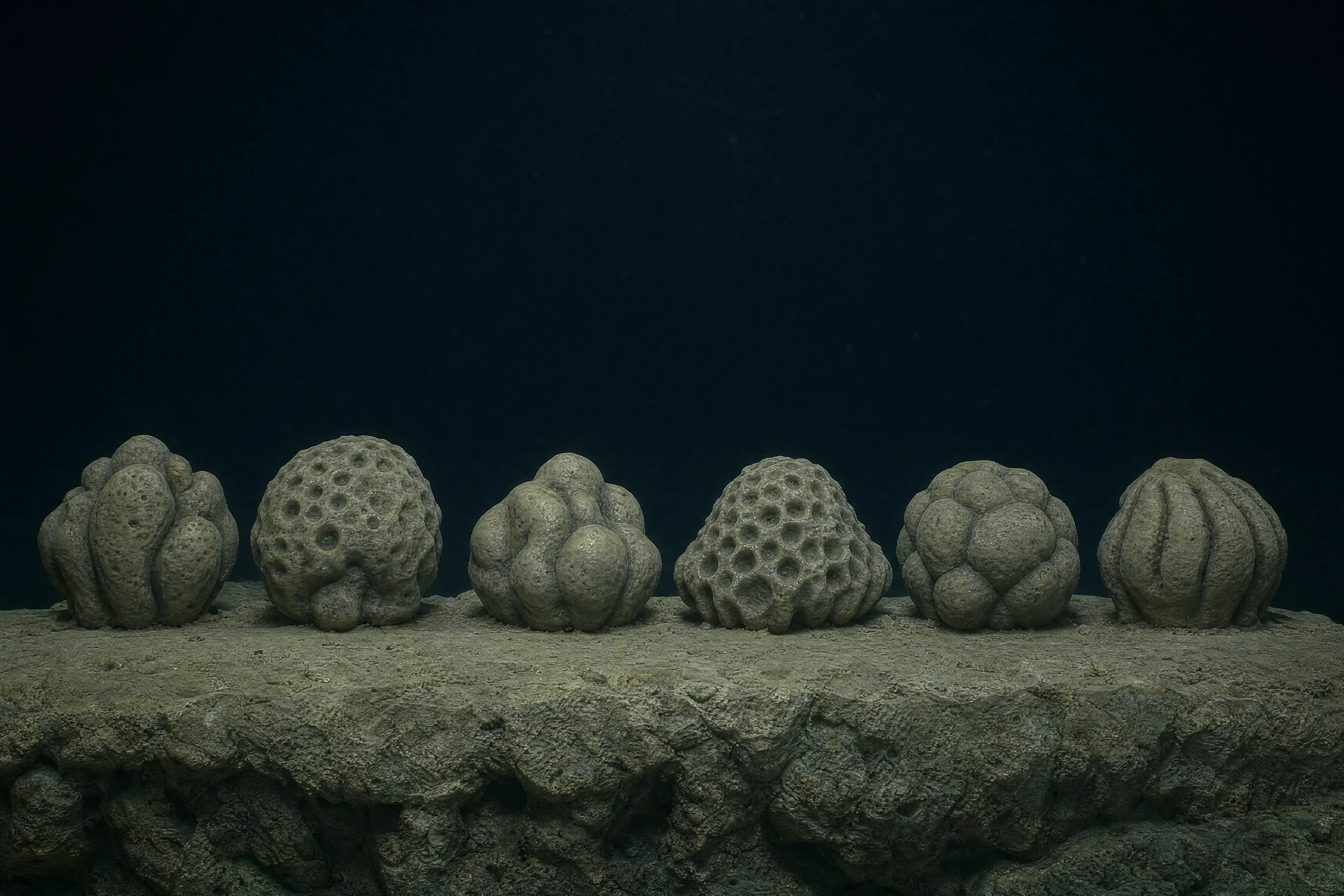 Six coral heads in a row on a rock ledge.