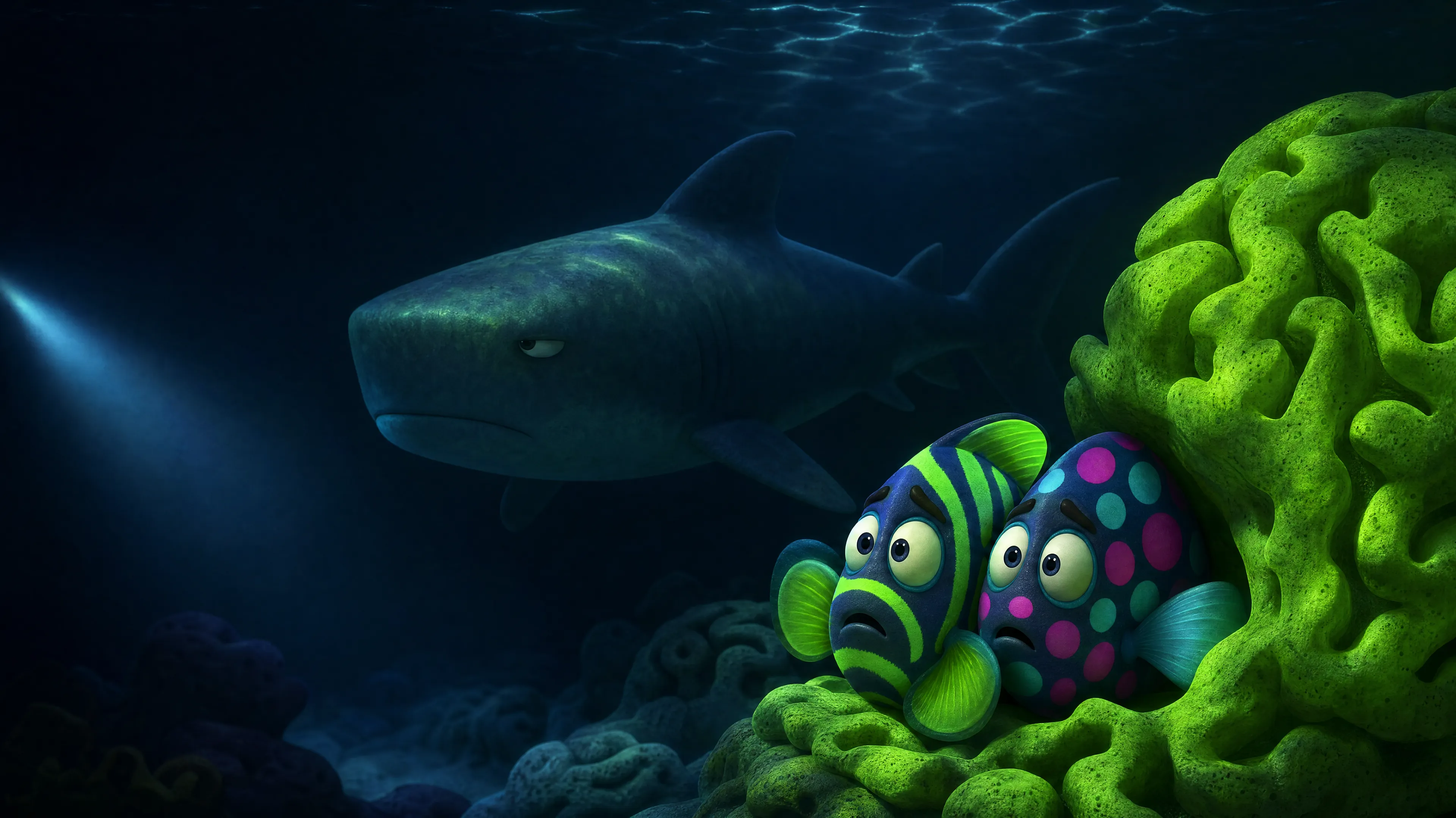 Two painted fish hiding behind one coral head while a reef shark glides past.